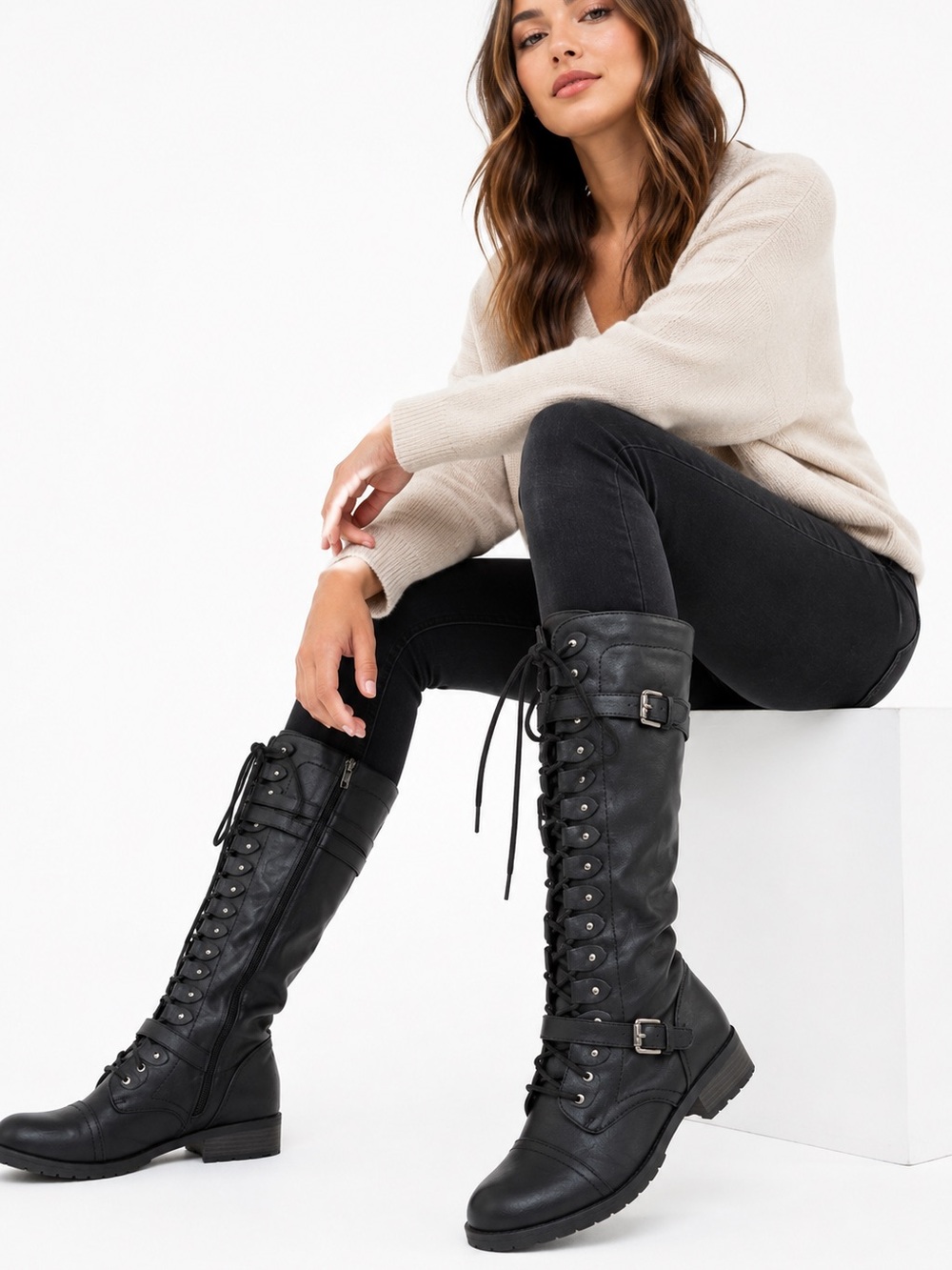 Black Lace-Up Knee High Combat Boots | Gothic Moto Riding